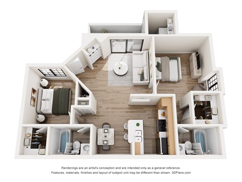 Floor plan for 2 beds, 2 baths, 975 sqft